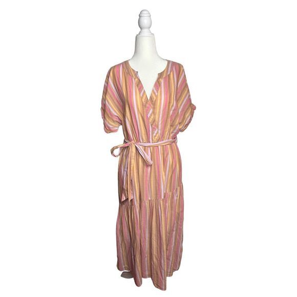 Xirena Drue‎ Midi Pink Tan Short Sleeve Cotton Tie Dress Size Small Women's - Picture 3 of 10